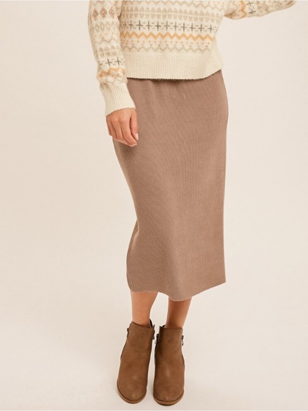 Hem & Thread Taupe Ribbed Midi Skirt